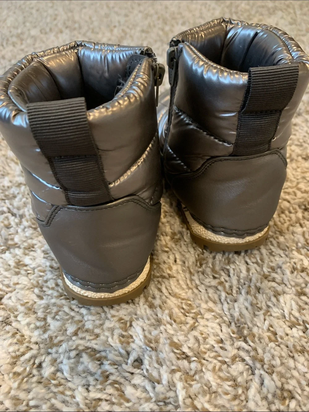 Metallic gray snow boots